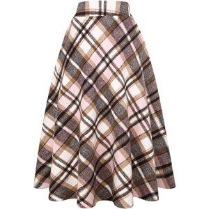 Womens Long Pink 7New Elastic Waist A-Line Pleated Tartan Long Plaid Wool Skirts